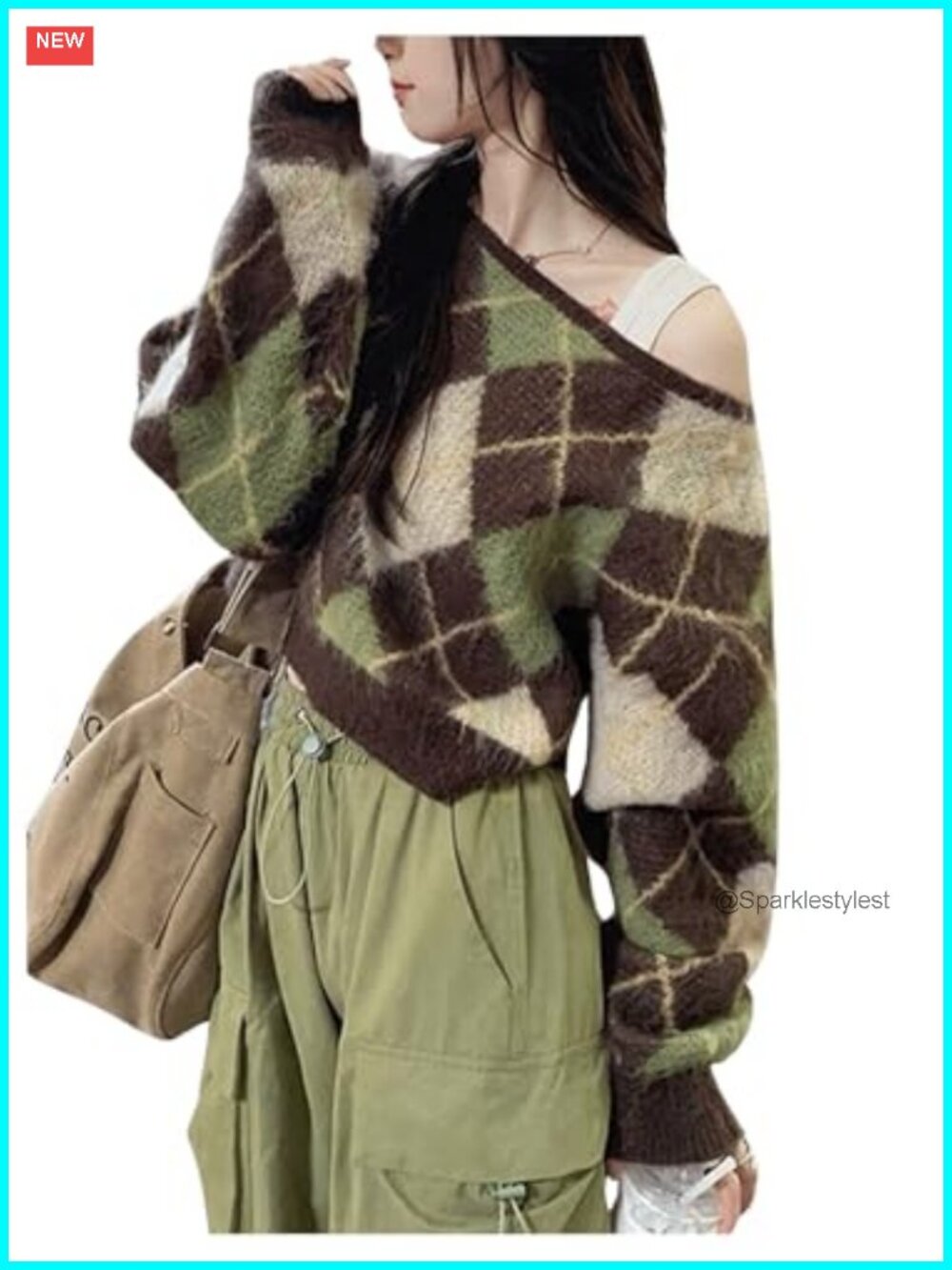 Argyle Plaid Off Shoulder Crop Knit Sweater Pullover